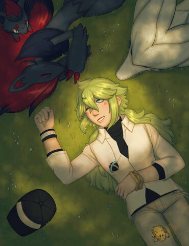 N laying in a forest